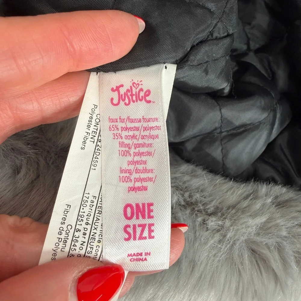 Justice One Size Trapper Hat Grey Faux Fur Pom Pom Aviator Winter Cap 820388